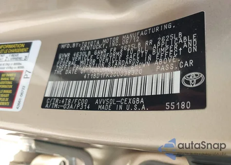 2012 Toyota Camry Hybrid Xle из США, поврежденный, VIN 4T1BD1FK2CU038320